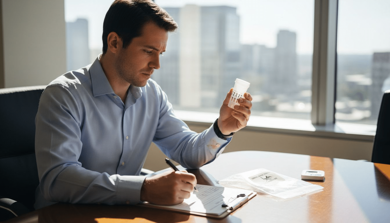 Technician handling drug test cup at office table