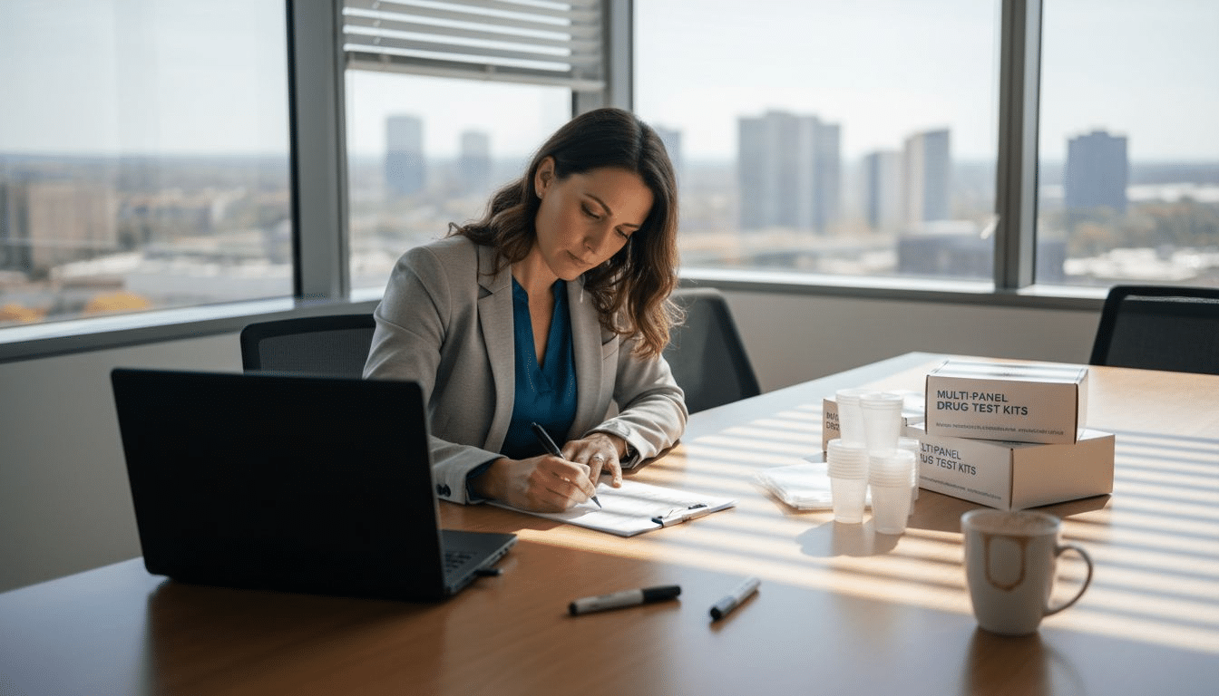 Compliance officer reviewing drug testing supplies checklist