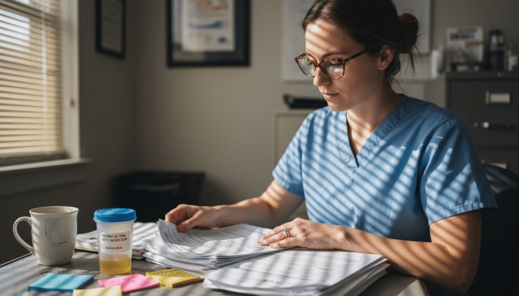 Healthcare worker reviewing drug screening forms