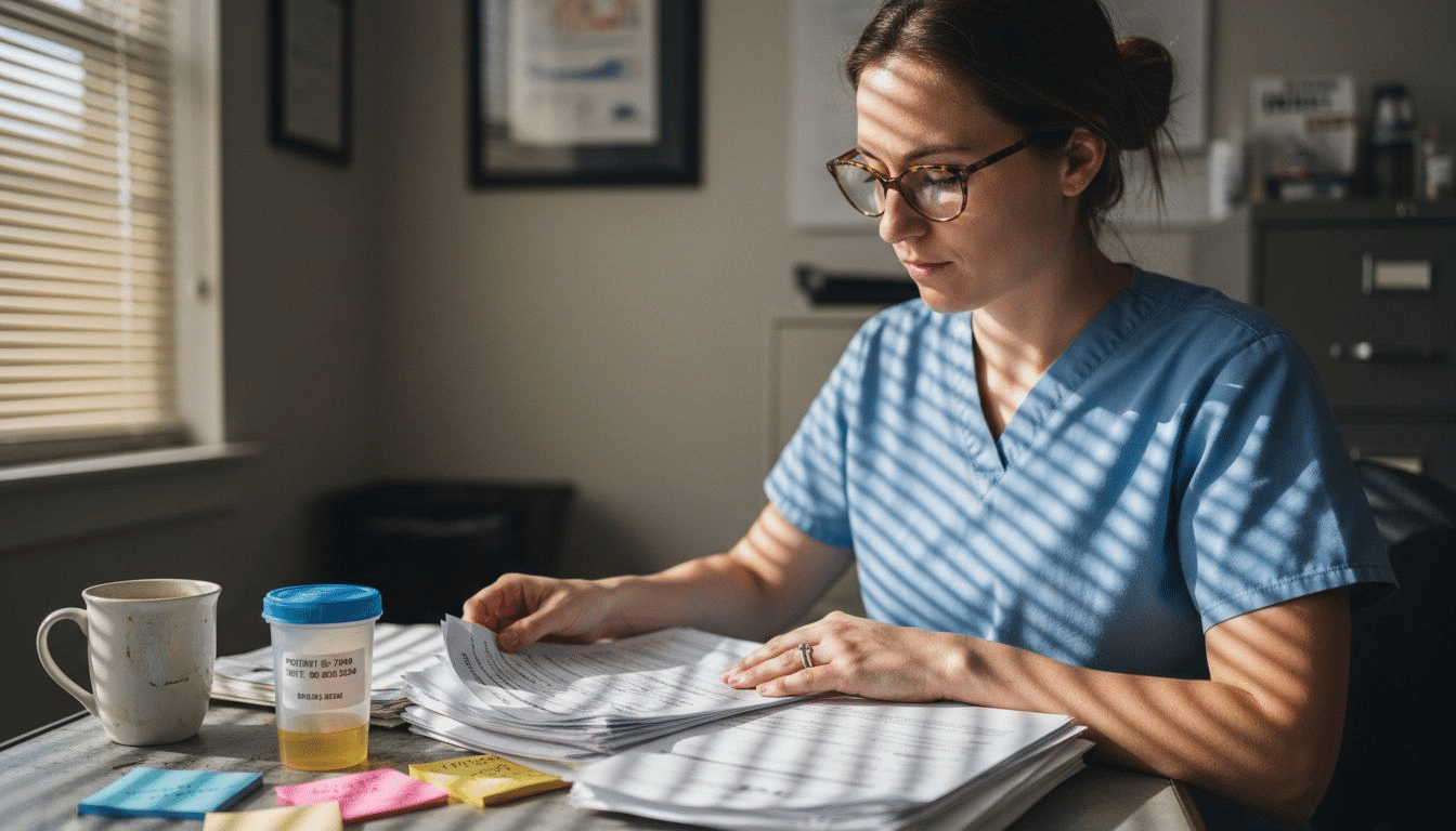 Healthcare worker reviewing drug screening forms