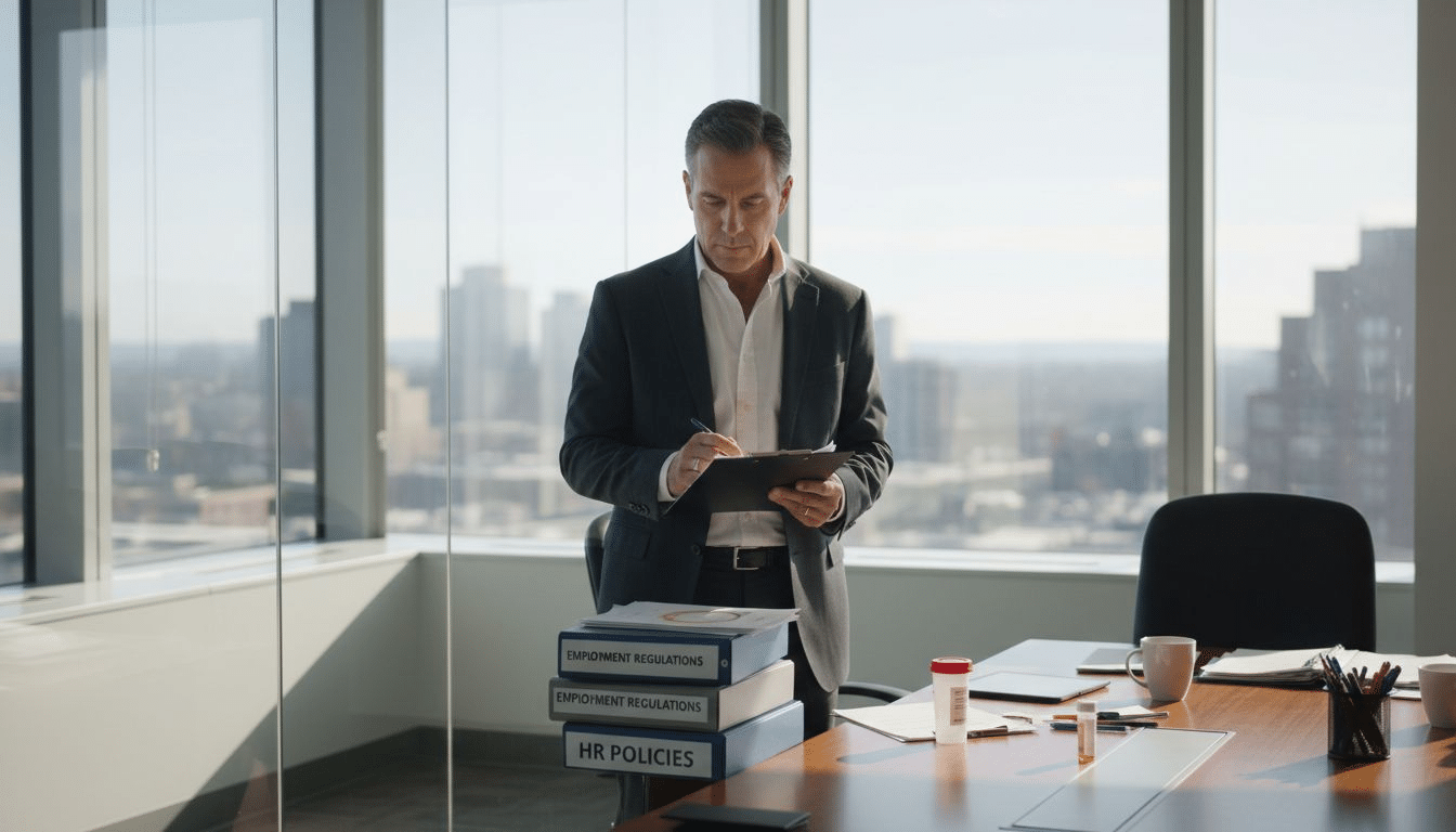 HR manager prepares drug testing paperwork in office