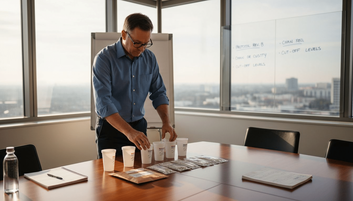 Compliance officer comparing workplace drug testing kits