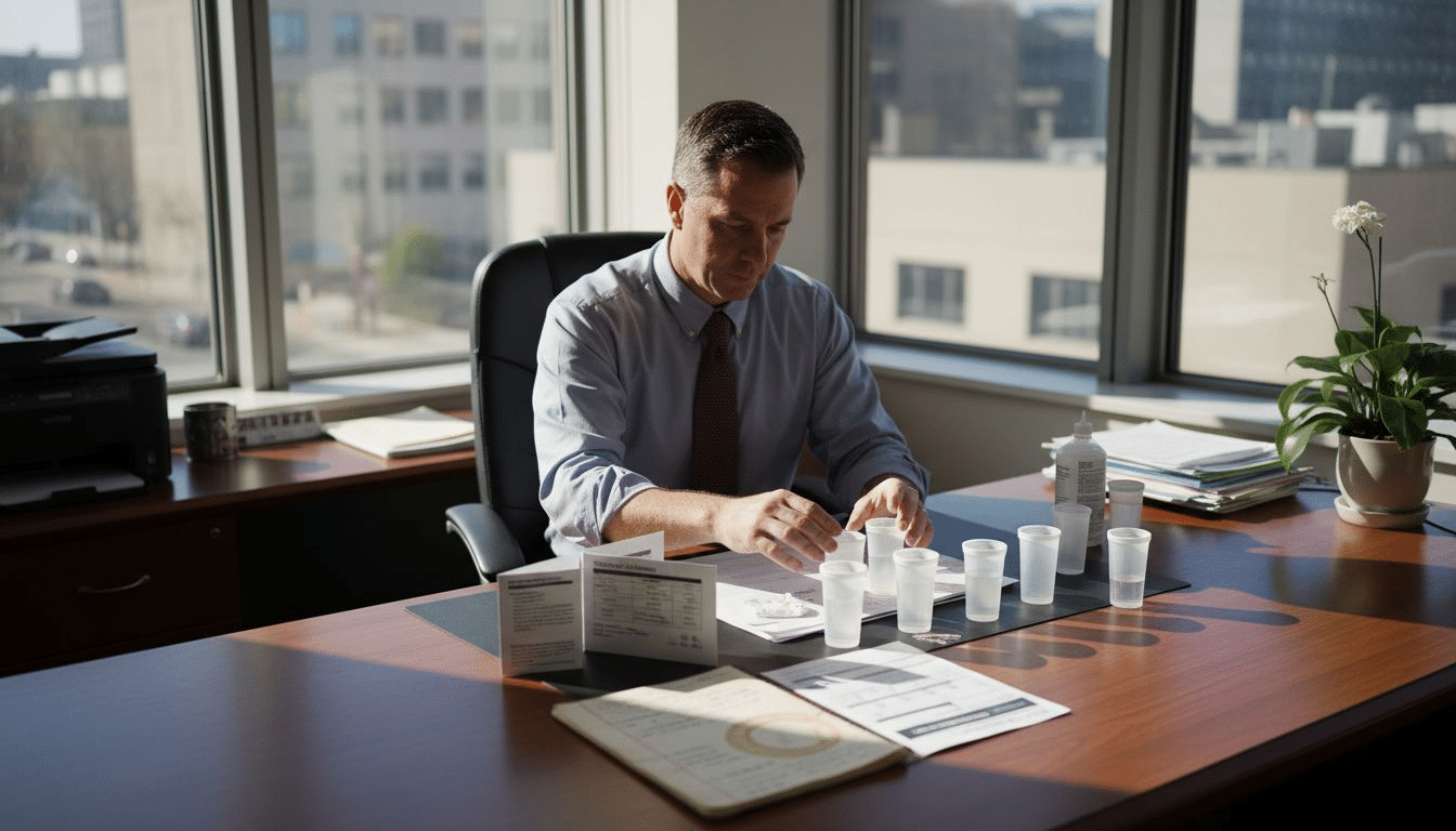 Officer reviewing drug test cups in office
