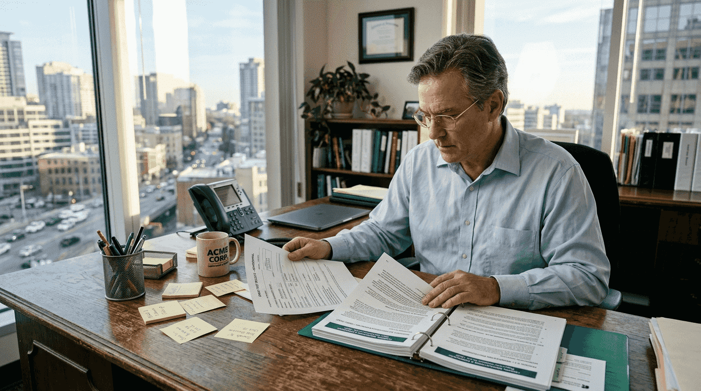 Compliance manager reviewing drug test paperwork at desk