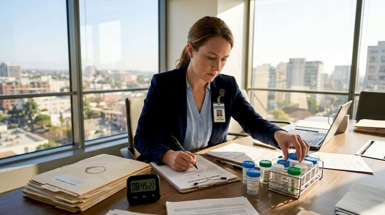Compliance officer organizing drug test workflow