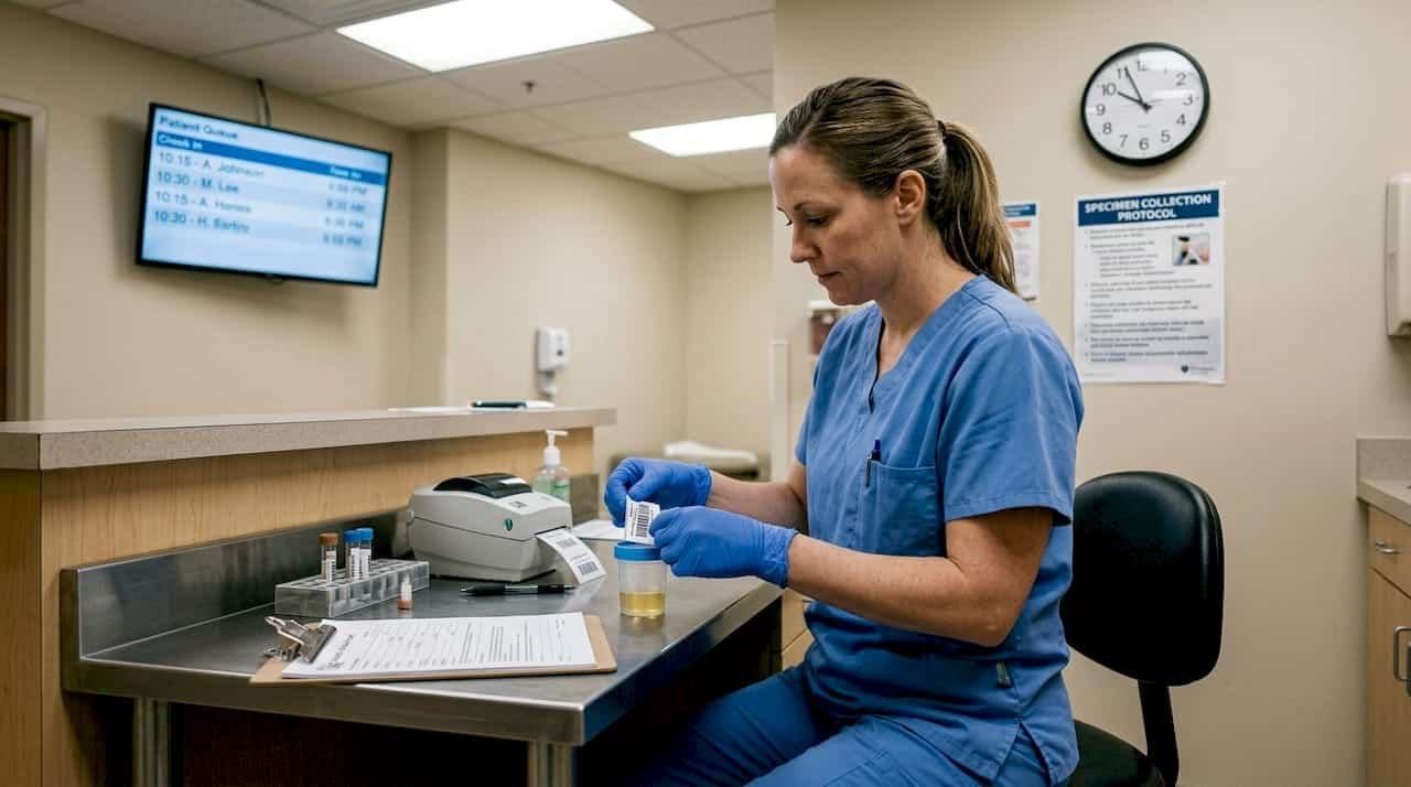Technician labels specimen cup in intake room