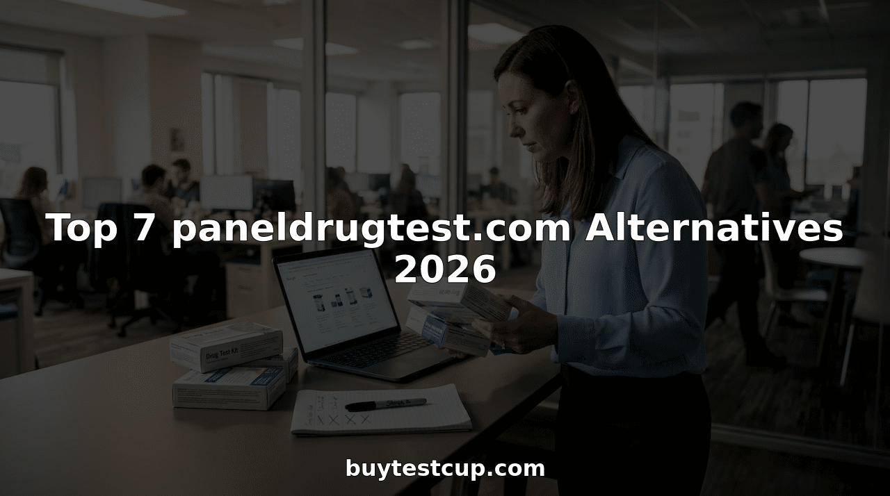 Manager comparing bulk drug test kit suppliers in office