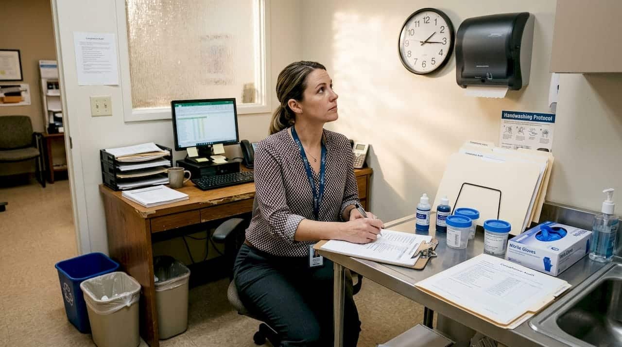 Compliance officer prepping urine test station