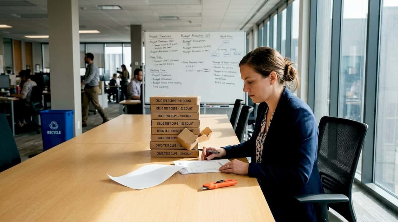 Manager checking bulk drug test supplies shipment