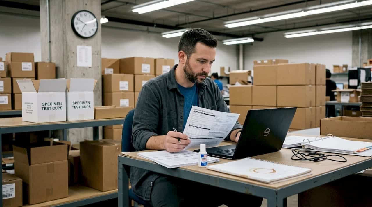 Coordinator verifying drug test shipment paperwork