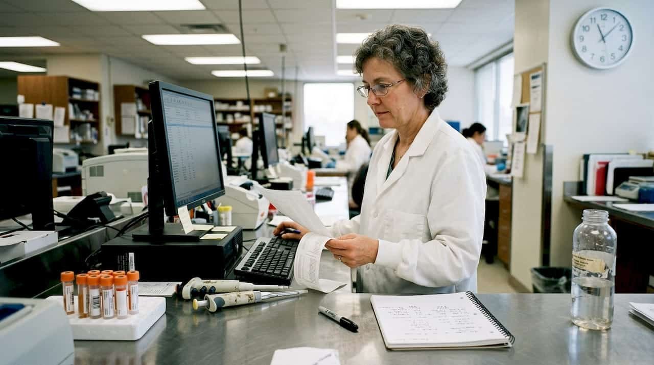 Scientist reviewing test results in clinical lab