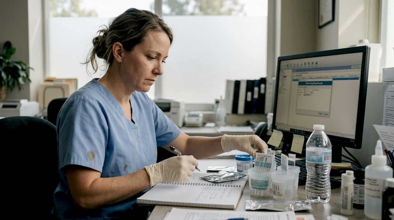Technician sorting multi-drug test kits in lab