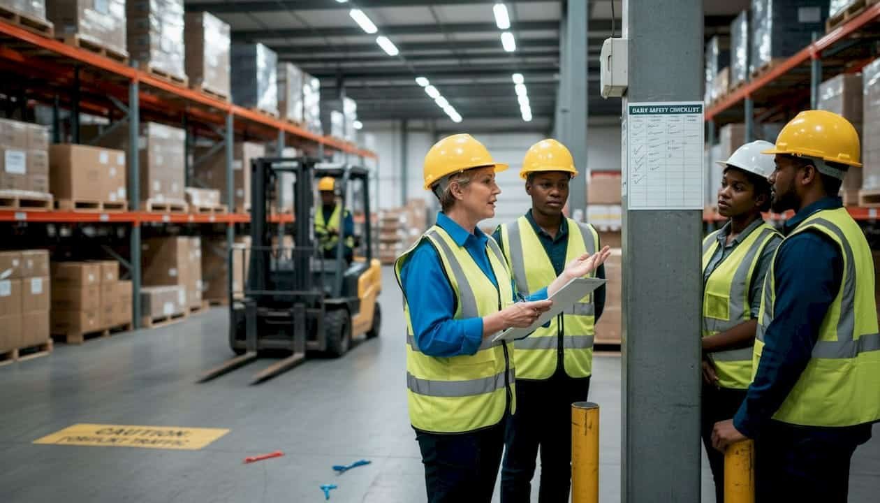 Supervisor leads employee safety huddle in warehouse
