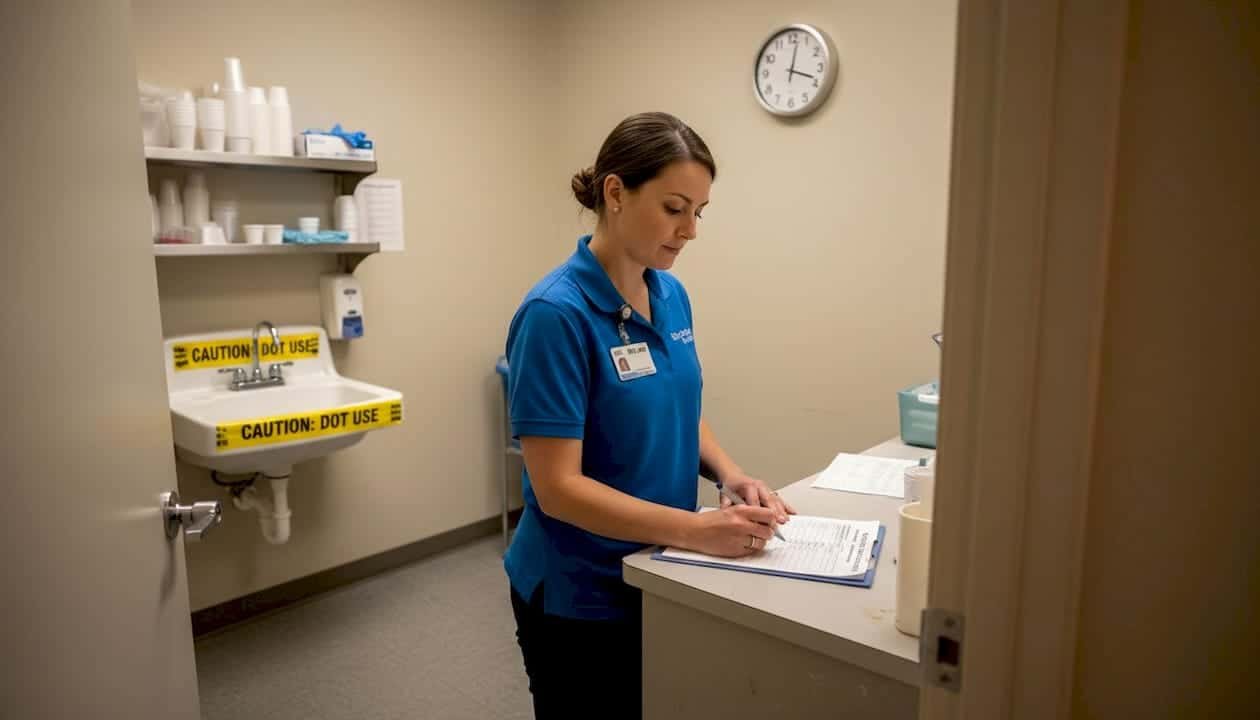 Technician preparing in urine specimen collection room