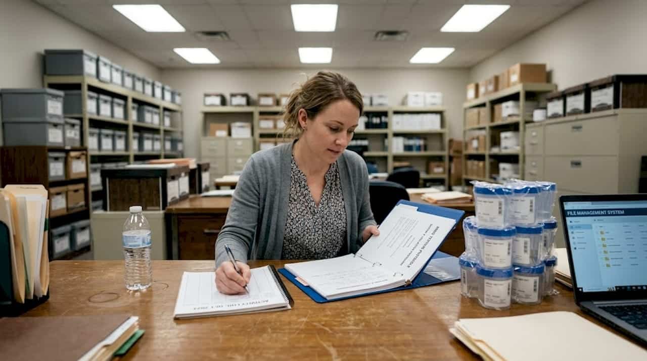 Compliance officer updating bulk drug test logs