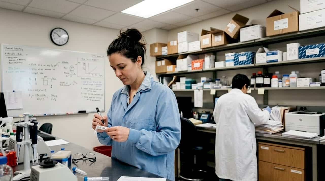 Lab technician labeling drug test sample