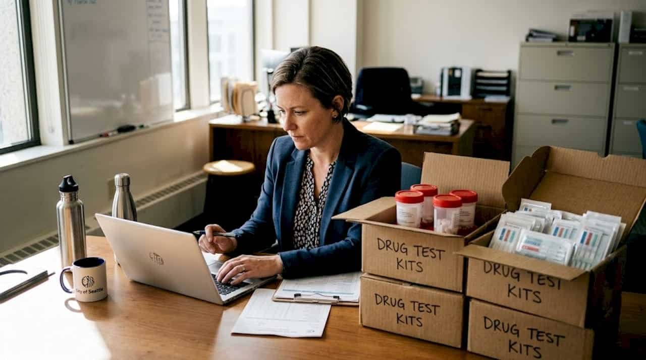 Agency officer checking drug test supplies inventory