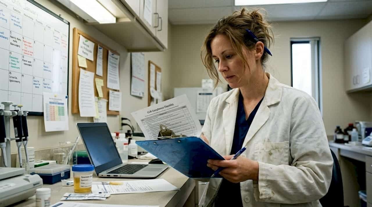 Lab technician checks compliance paperwork at lab station