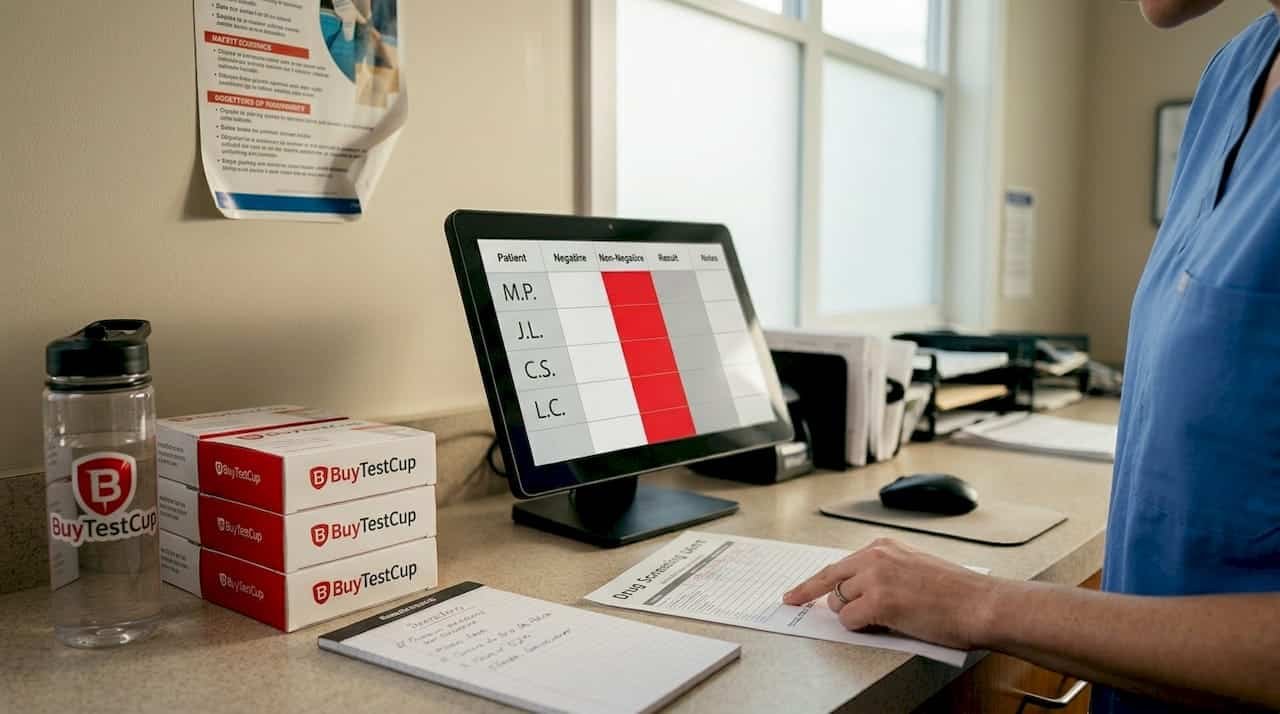 Nurse reviewing rehab drug screening workflow