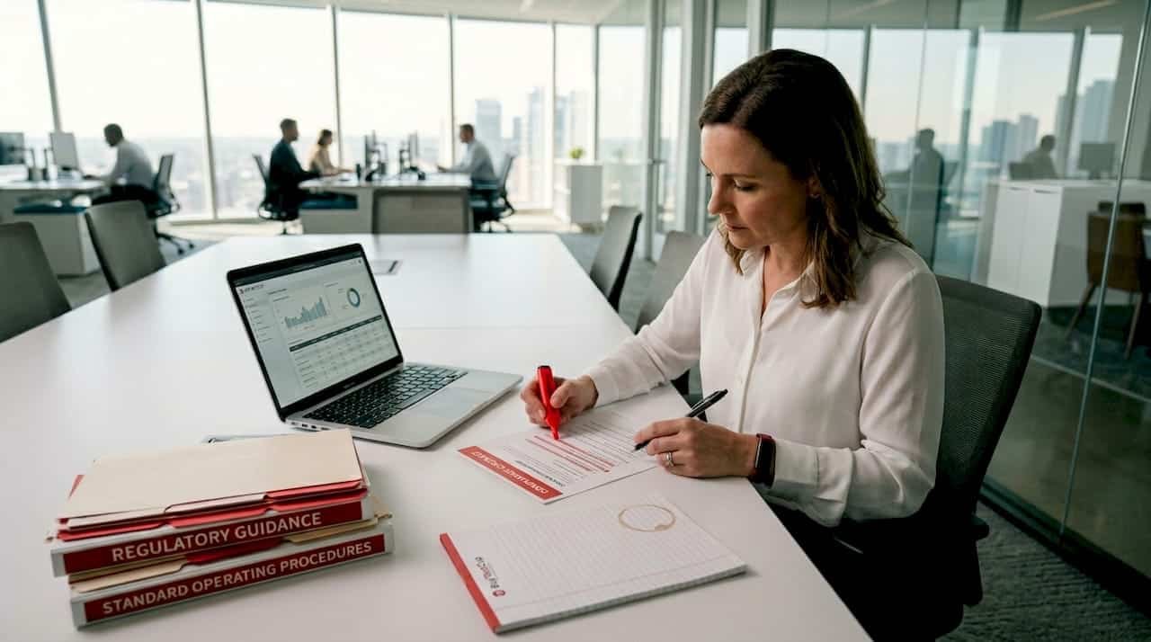 Manager reviewing compliance checklist in office