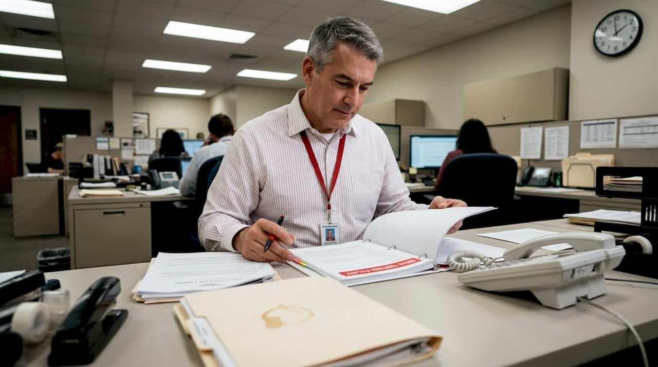 Compliance officer reviewing policy binder in office