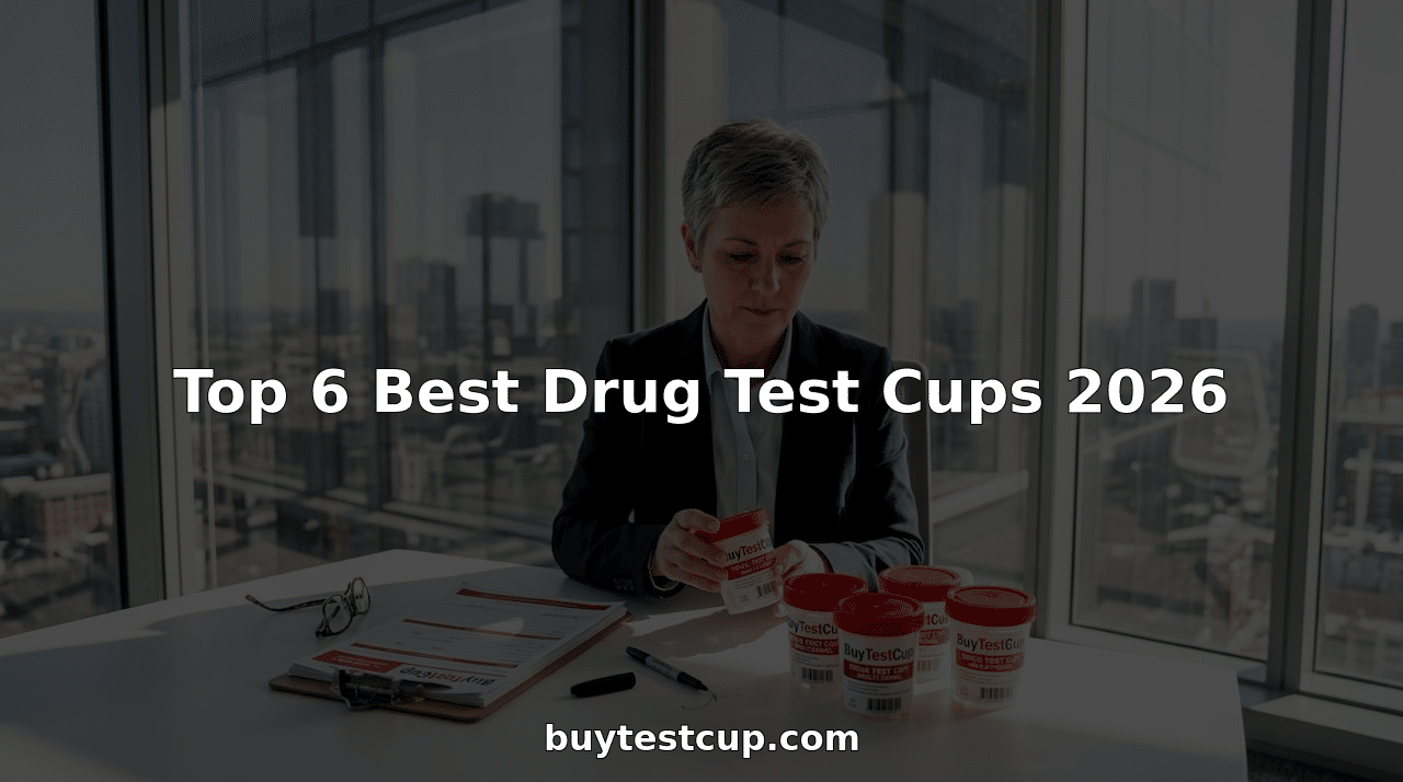 Business professional reviews various drug test cups in office