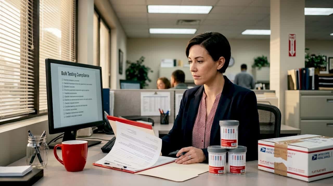 Compliance officer reviews bulk drug test shipment