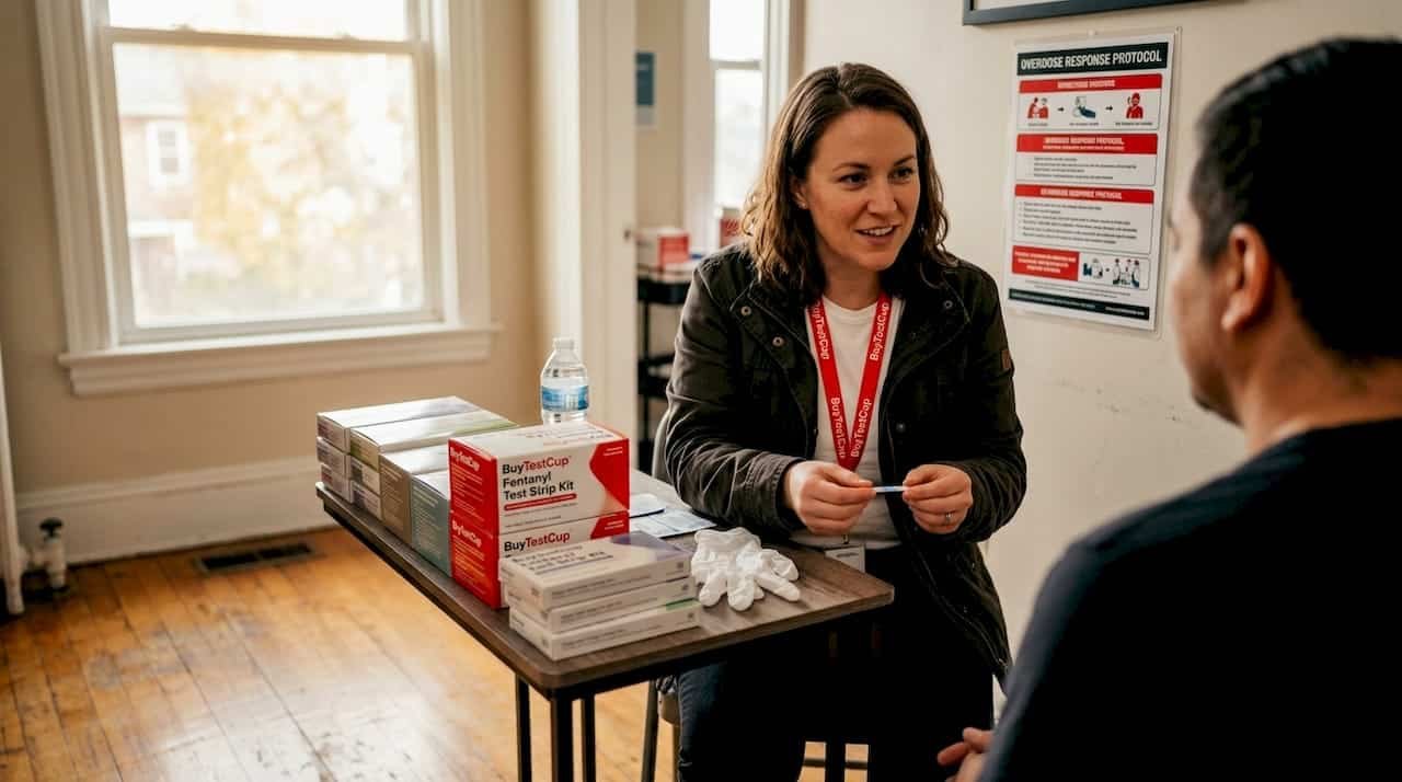 Harm reduction worker demonstrating test strip at clinic table