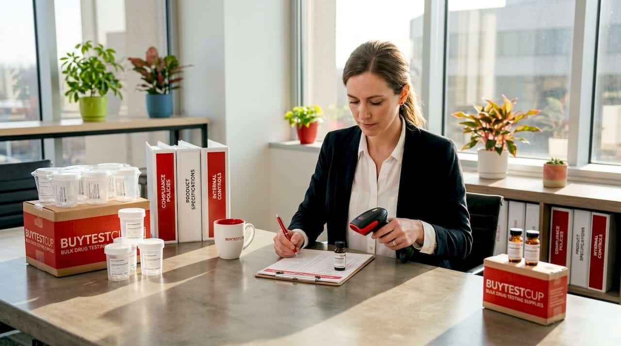 Manager reviewing drug testing tools and paperwork