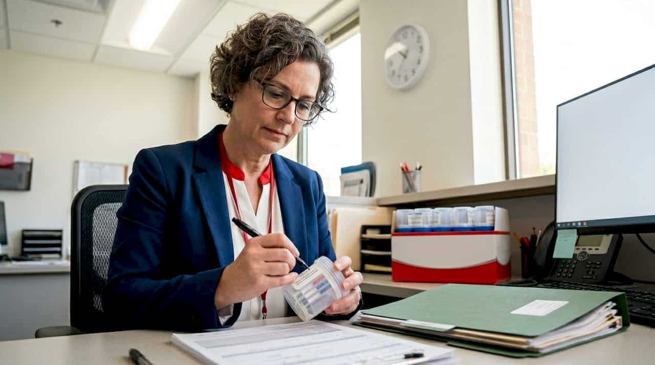 HR manager handling multi-panel test cup paperwork