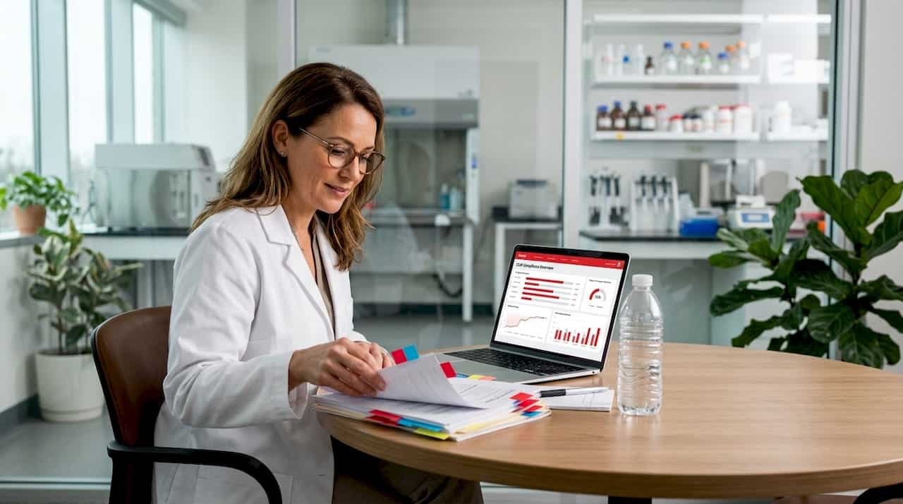 Lab director reviewing CLIA compliance paperwork