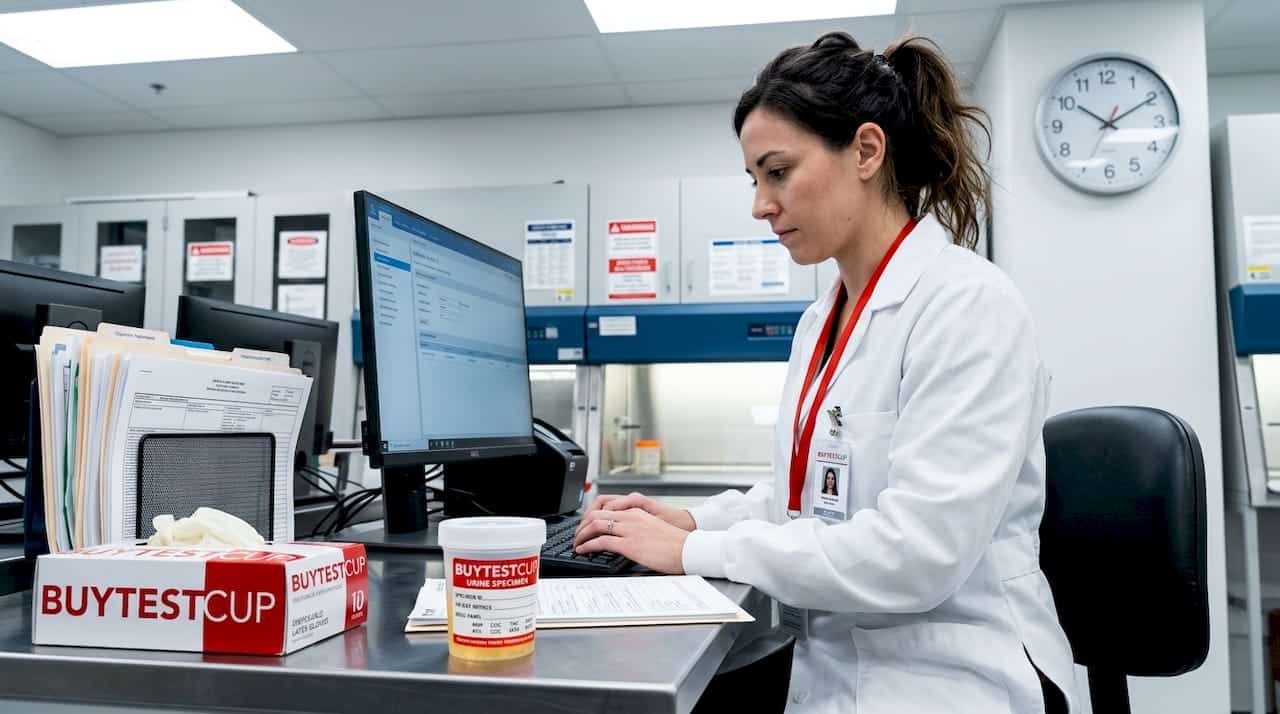 Laboratory technician entering drug test results