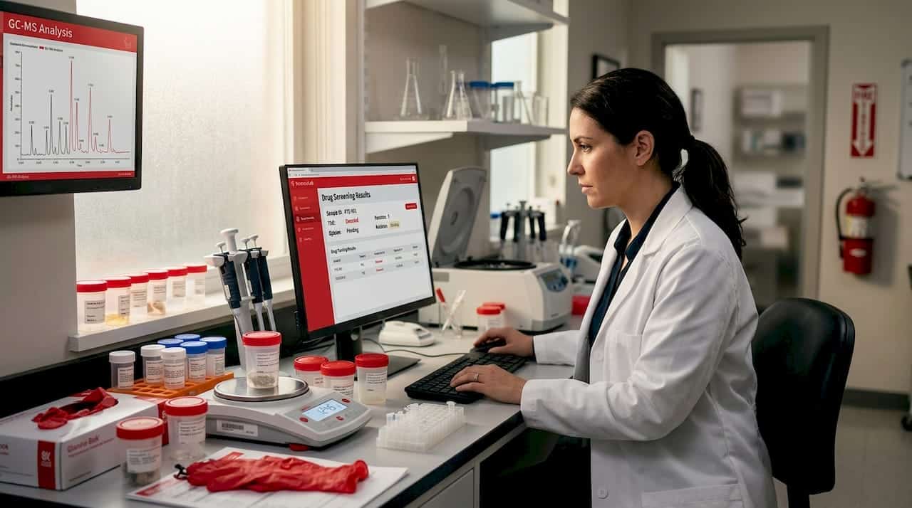 Forensic scientist reviewing drug test results in lab