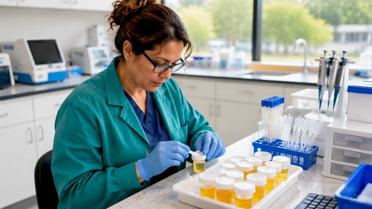 Lab technician labeling urine samples in clinical lab